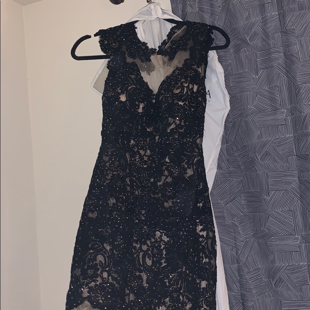 Dave & Johnny black and nude sheer prom dress